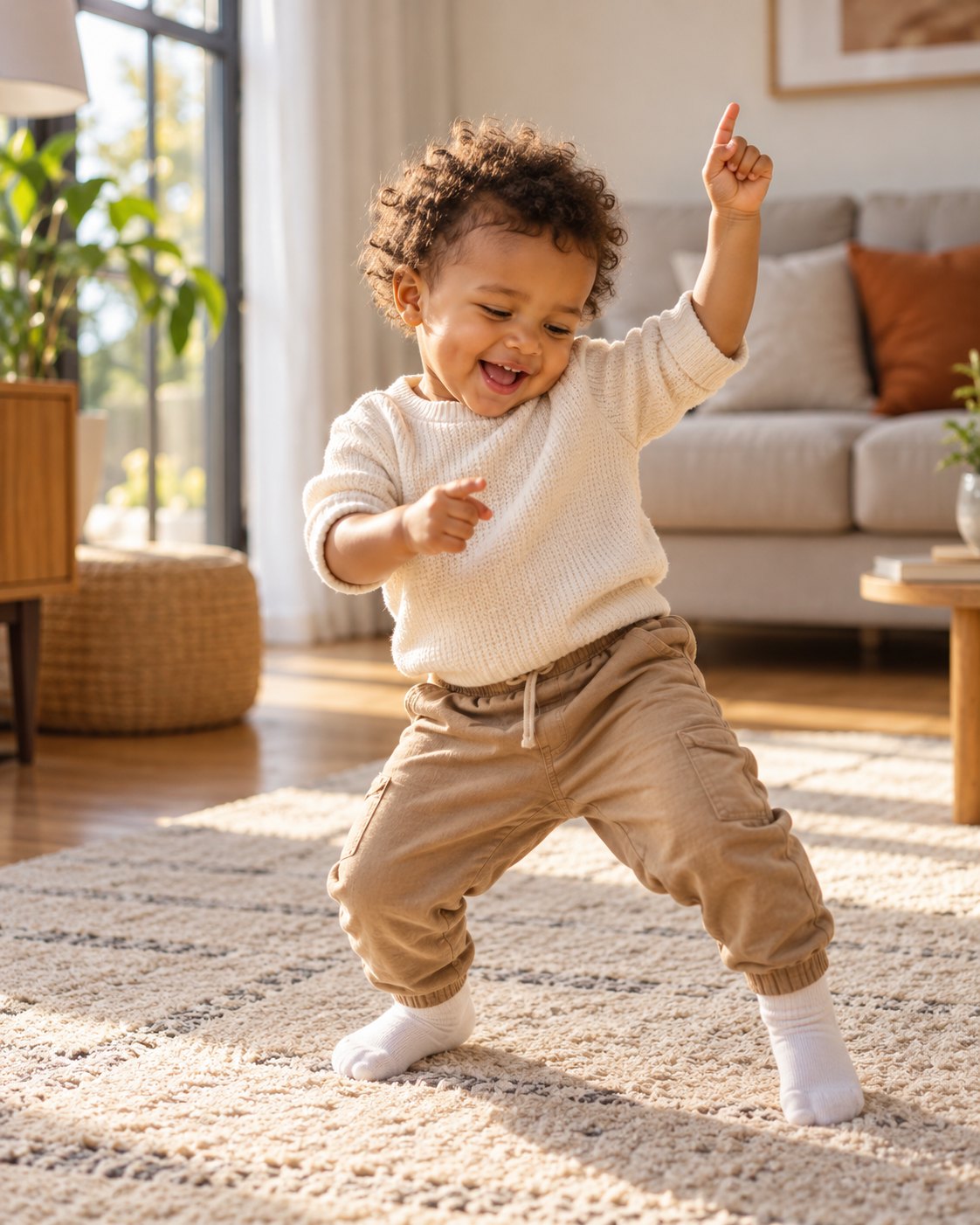 Bebé sonriente bailando en el salón de casa con luz cálida
